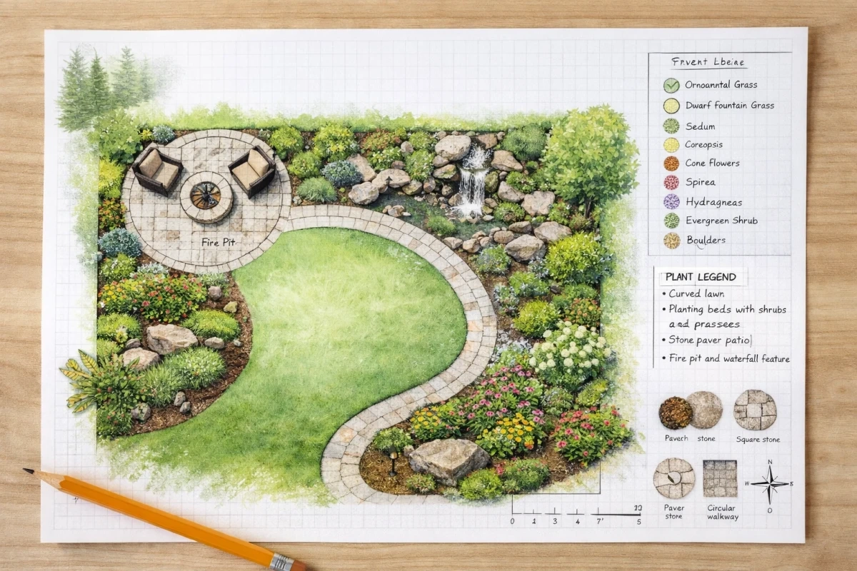 An illustrated garden plan on a wooden desk: a fire-pit circle, curved lawn, stone path and waterfall corner, with a hand-drawn plant legend and a pencil.