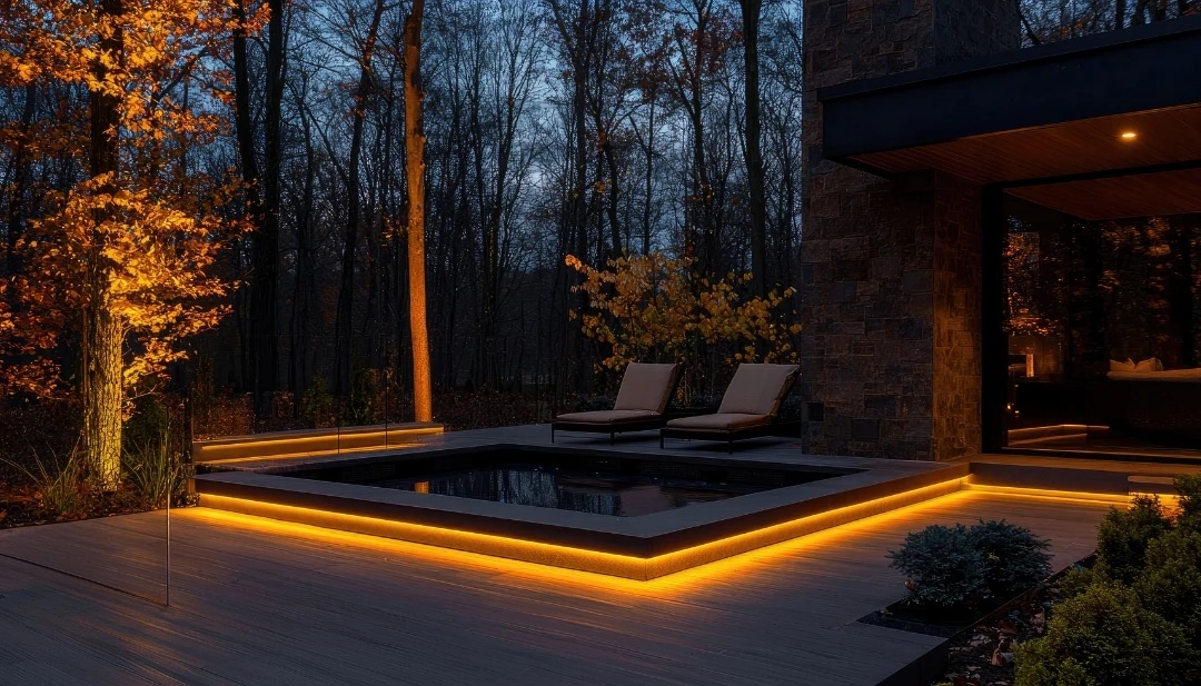 A swimming pool at night in woodland, lit from within, with warm lights along the surrounding deck and the trees dark behind it.