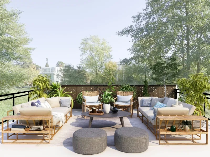 A balcony lounge render: two rattan sofas facing across a round coffee table, grey poufs, potted palms and a string-lit fence behind.