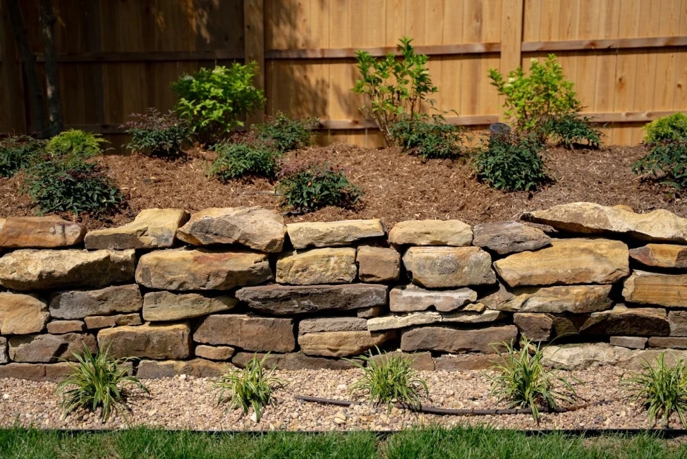A dry-stacked sandstone retaining wall holding a mulched shrub bed, liriope tufts in pea gravel at its foot and a cedar fence behind.