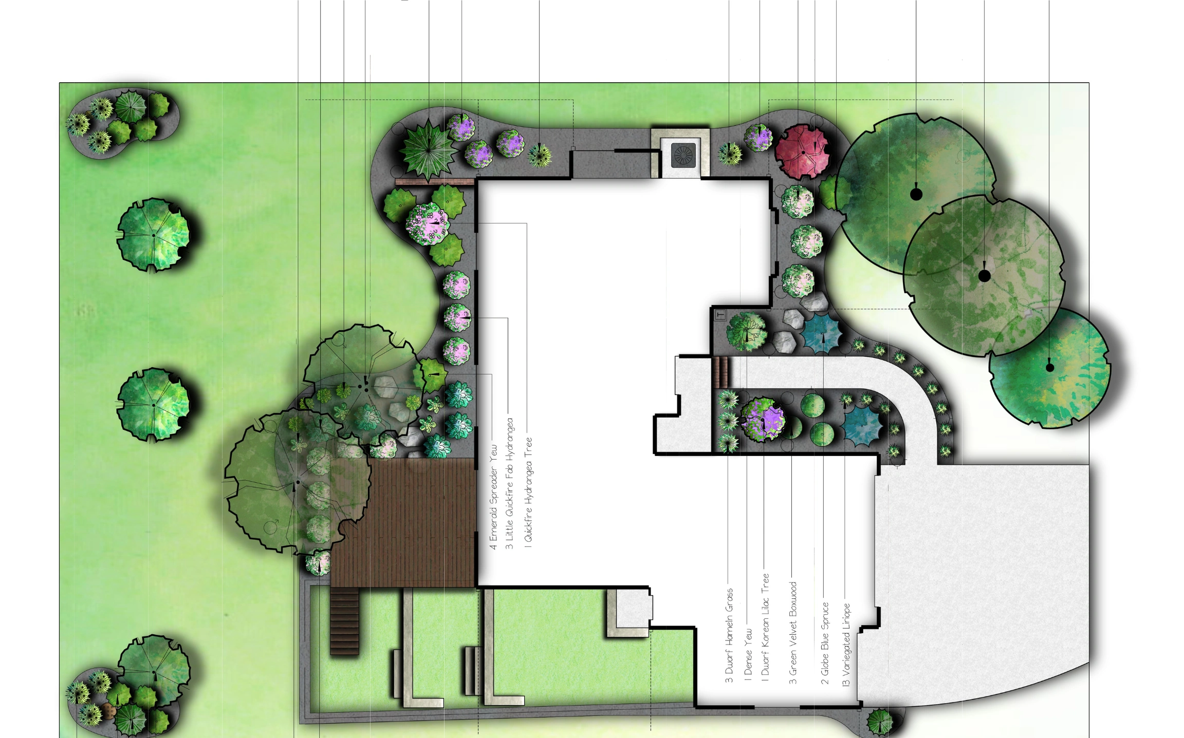 A landscape design drawn in plan view: a house footprint with front and rear planting beds, a deck, a walkway and existing trees drawn over a shaped lawn.