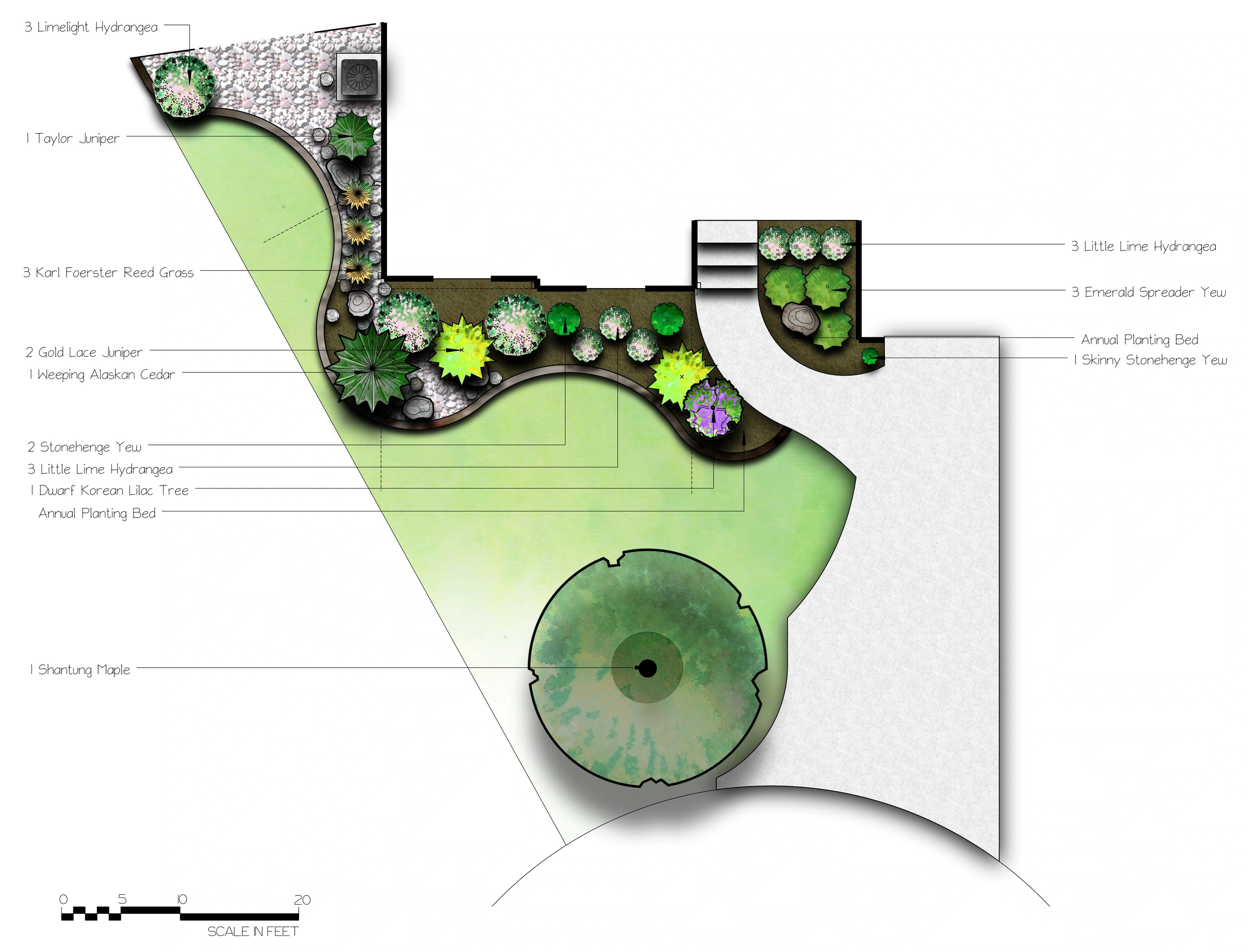 A plan drawn to scale: a river rock strip along the side of the house past the air conditioner, turning the corner into a curving bed of junipers, hydrangeas and grasses.