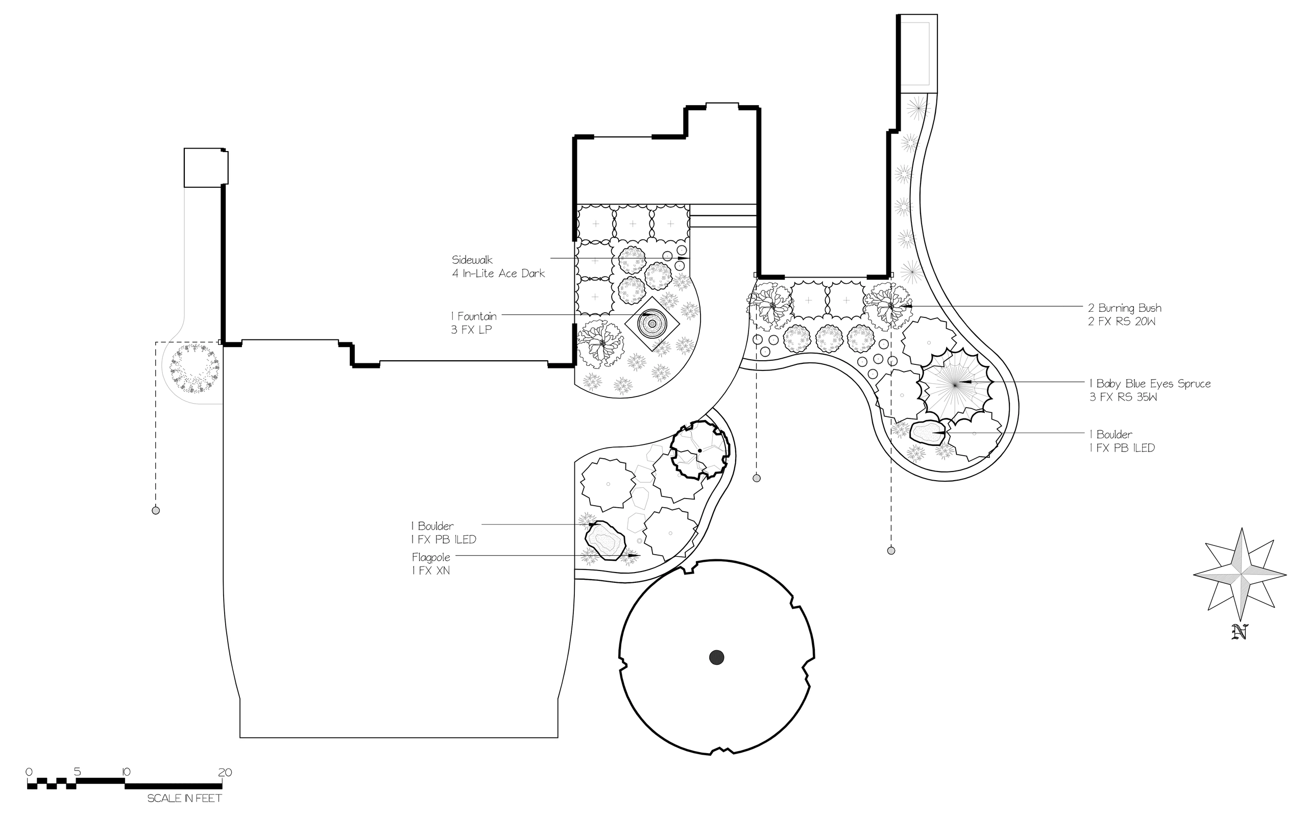A front entry lighting plan in black and white: fixtures called out by model at the walk, the fountain, two boulders, a spruce, the burning bushes and a flagpole.