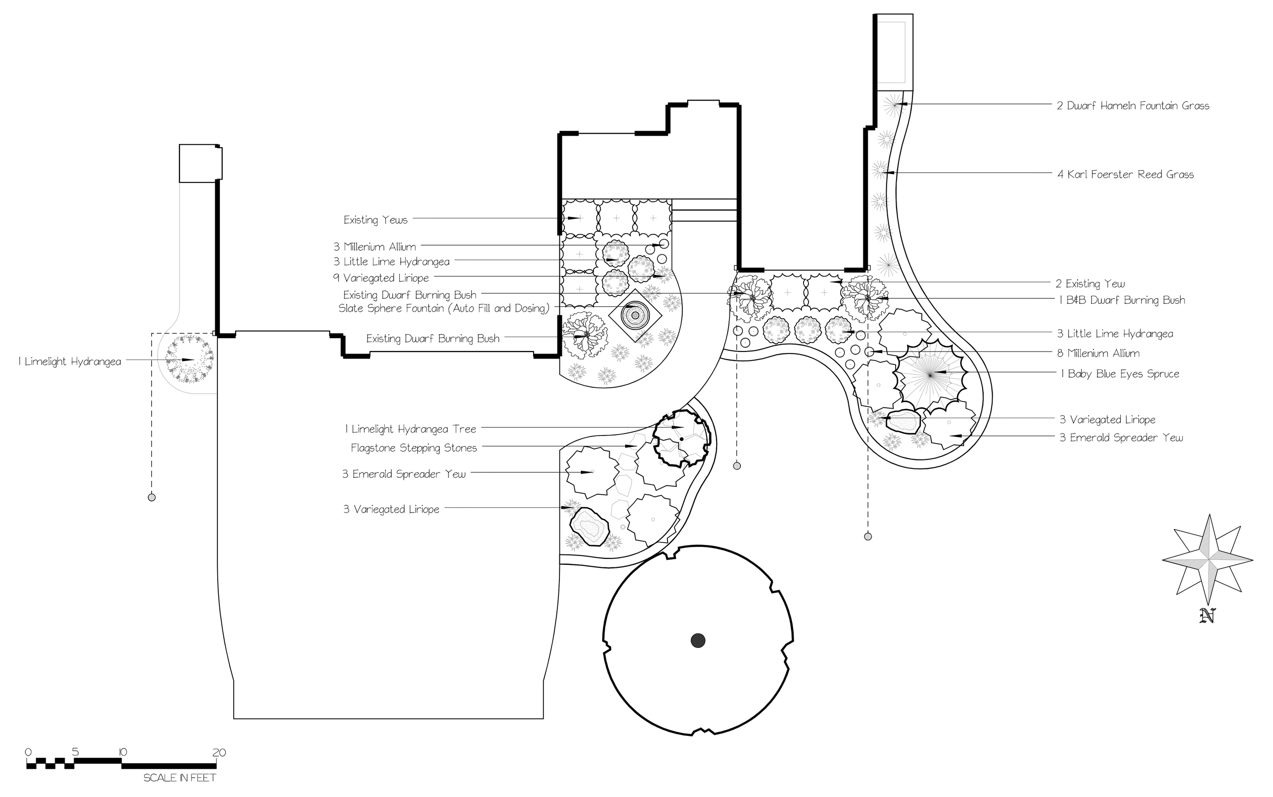 A front entry planting plan in black and white: every plant named and counted on a leader line, from liriope and allium to yew, with the fountain and stepping stones noted.