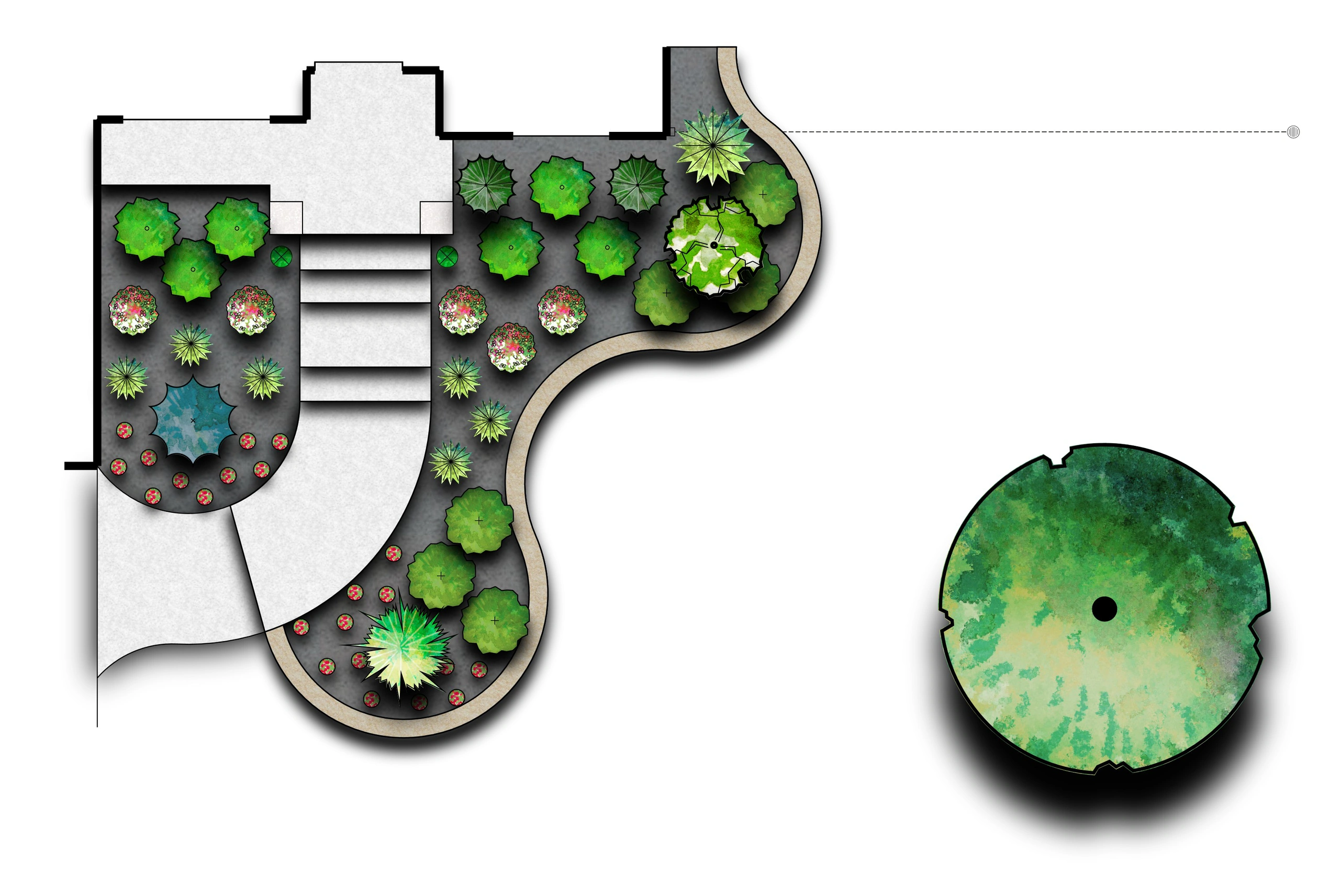 The Riley residence color design plan: shrubs and grasses in curving beds either side of the front steps, a round planting bed beside the walk and a shade tree in the lawn.