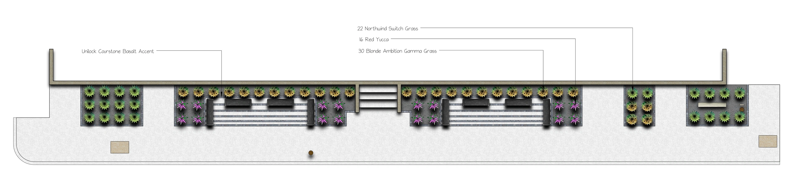 The McPherson Commons planting plan: the long entry frontage with its seat walls and steps, and callouts for switch grass, red yucca and gamma grass.
