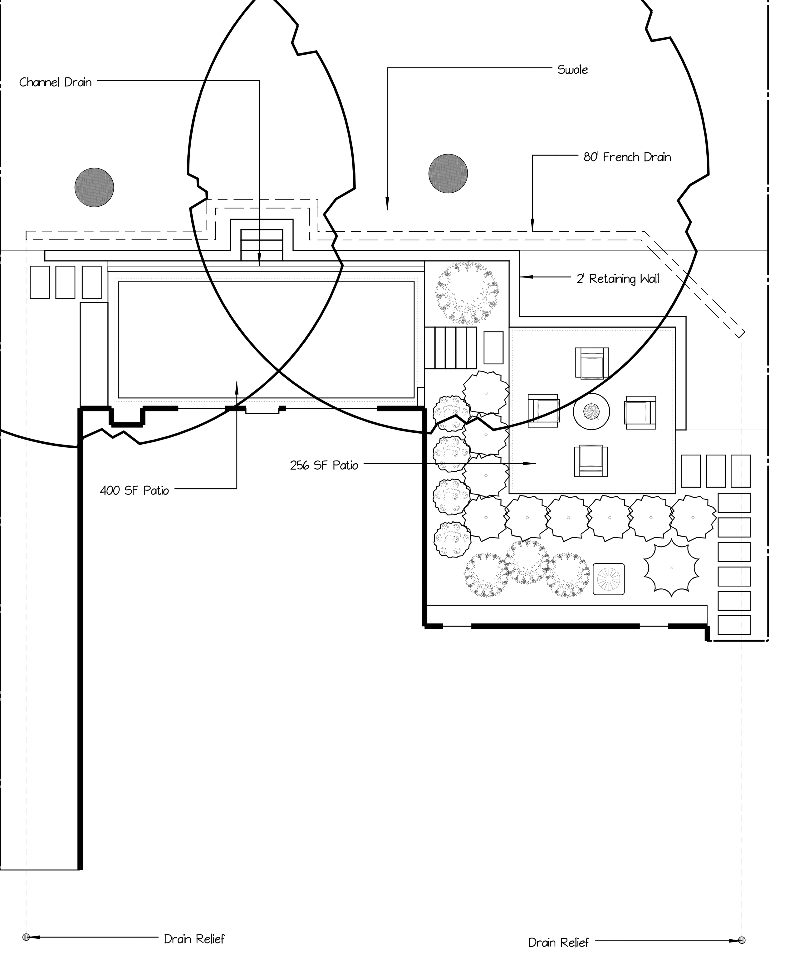 A patio construction sheet in black and white: a channel drain, a swale, an 80-foot French drain, a 2-foot retaining wall and the area of each patio called out.