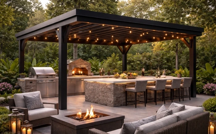 A black-framed pavilion render strung with lights over a stone island bar, an outdoor kitchen and a fire table ringed by lanterns and deep planting.