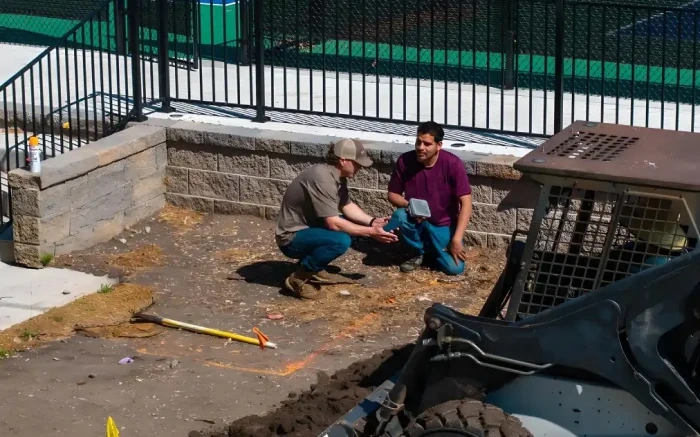 Two crew members working inside a marked-out planting bed held by a new segmental block wall, with layout paint on the dirt and a skid steer at the frame edge.