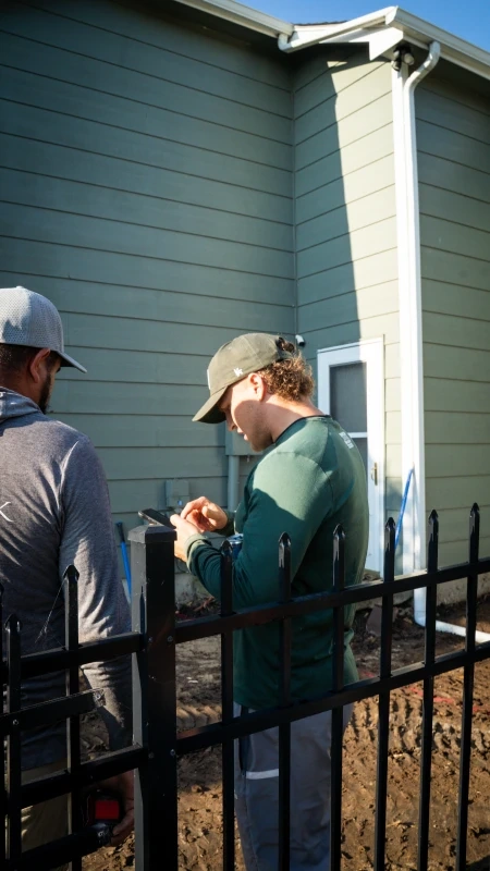 Two crew members at a client's side yard checking a phone over the new iron fence, the bed behind it still bare earth.