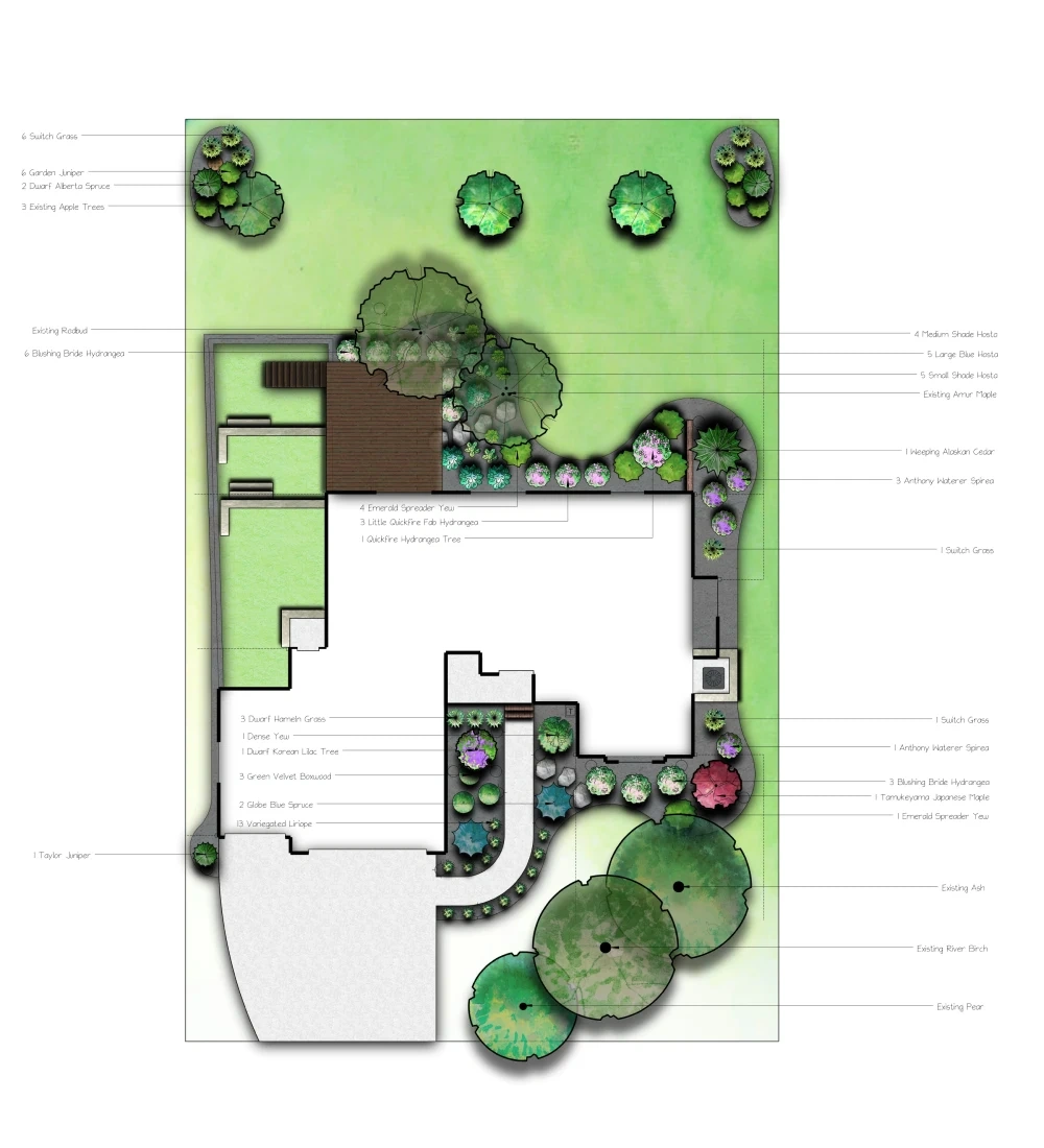The Kumar Residence landscape plan: a colour plan view of the house and lot with bed shapes, tree and shrub symbols and a labelled plant schedule down both margins.